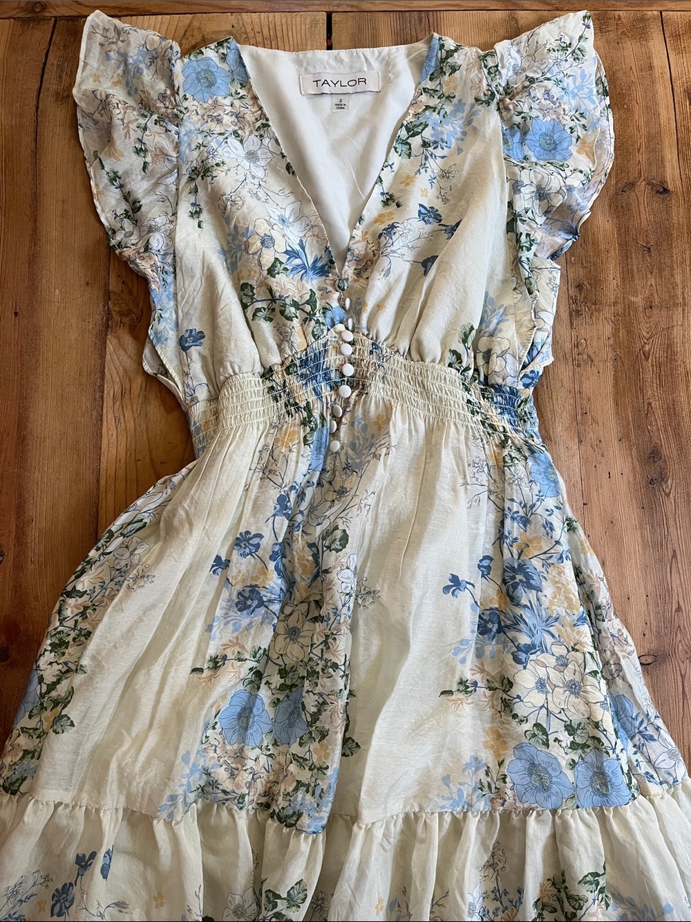 TAYLOR 2 Cream Blue Floral Bohemian Maxi Dress Flutter Sleeve Tiered Skirt